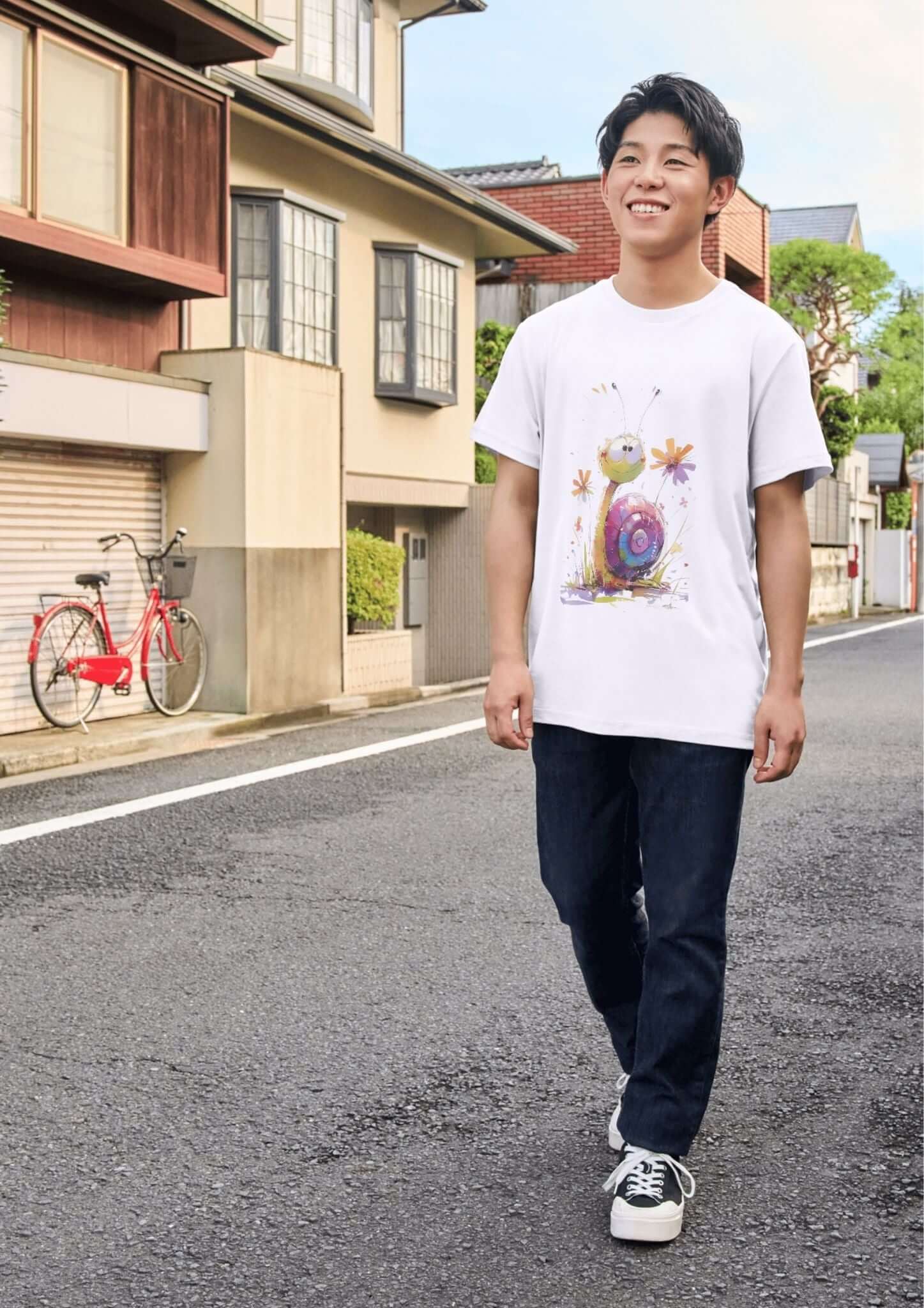 Man wearing snail watercolor t-shirt design walking on a street, showcasing cheerful and colorful art, perfect for clothing.