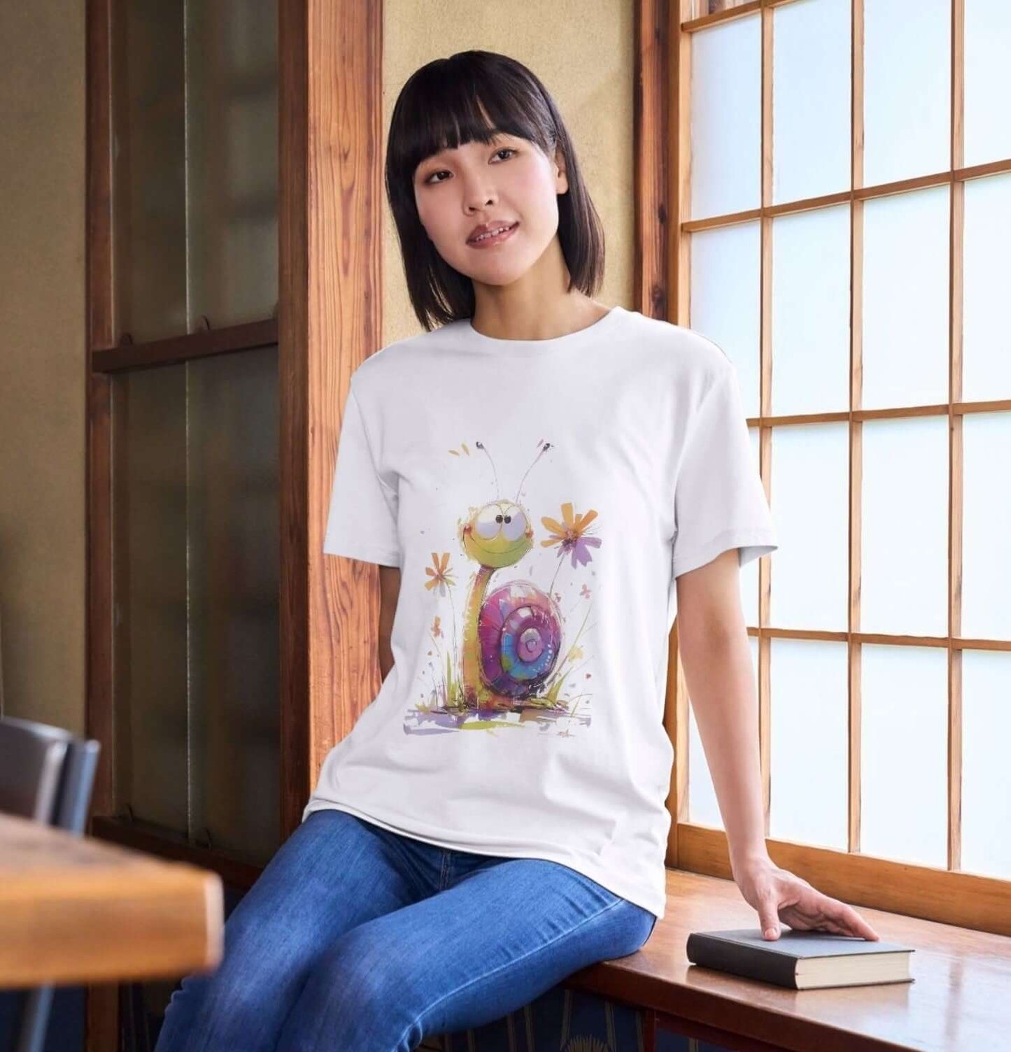 Woman wearing snail watercolor t-shirt design, featuring a colorful snail illustration with flowers, perfect for casual wear and gifts.
