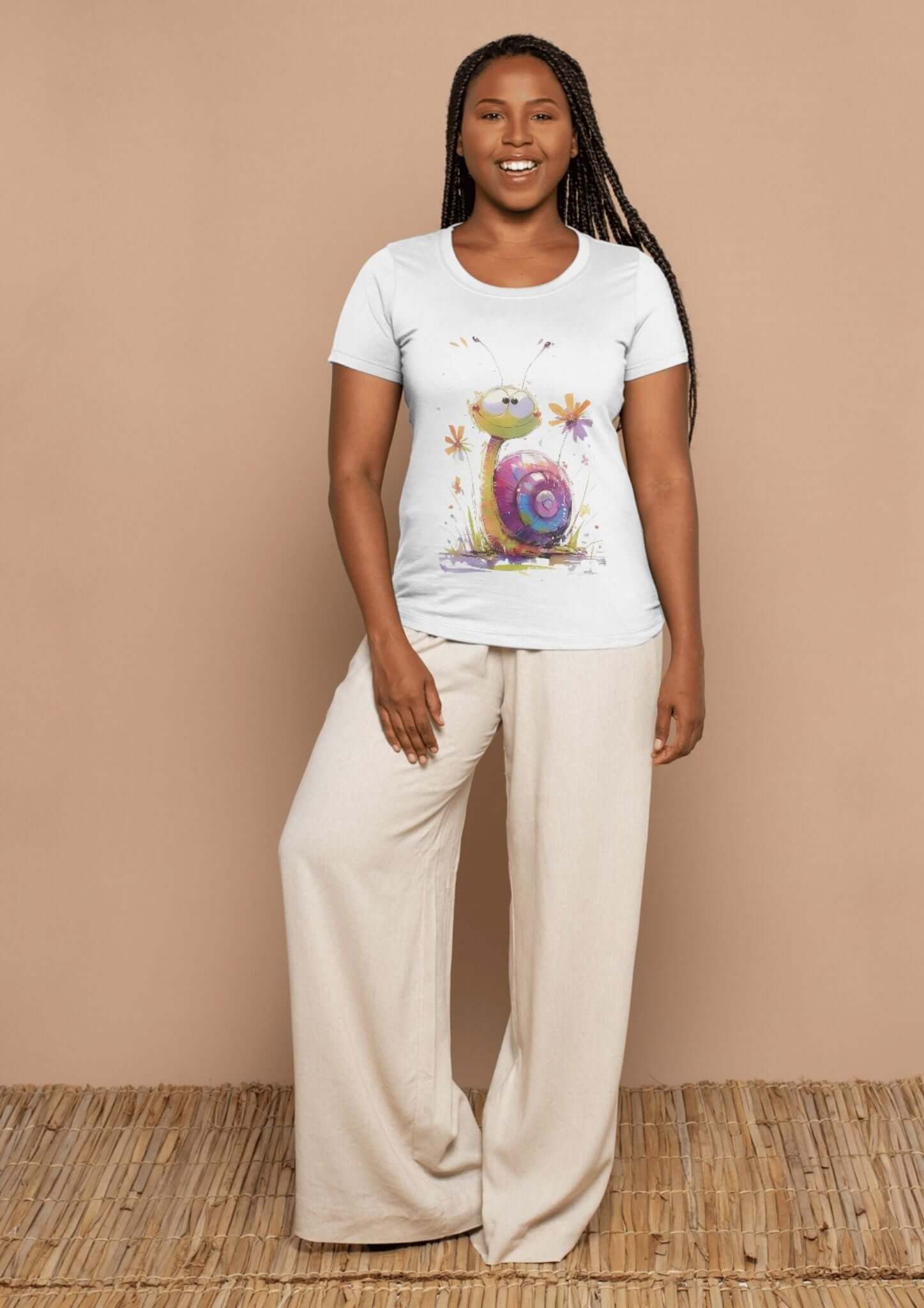 Woman wearing a snail watercolor t-shirt design, standing on wooden floor with a beige background.