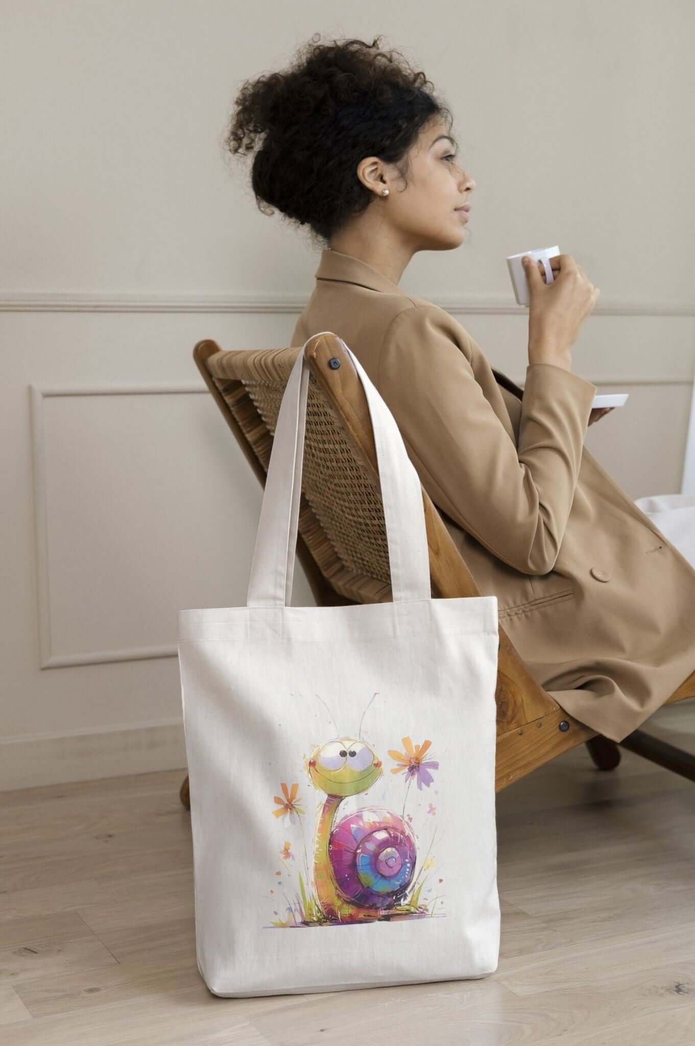 Woman with tote bag featuring a cheerful snail watercolor t-shirt design, sipping coffee in a cozy chair.
