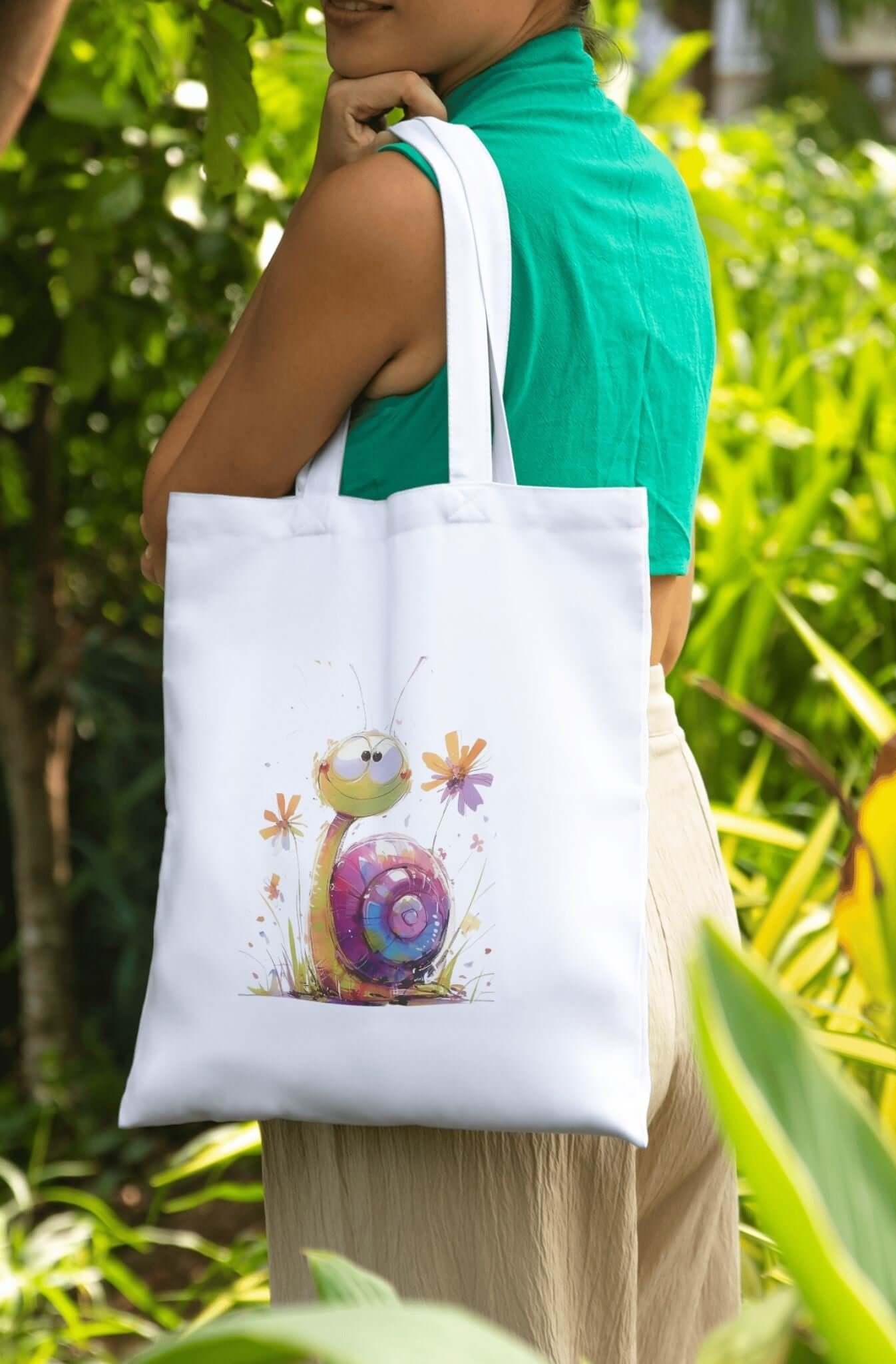 Woman carrying a tote bag featuring a cheerful snail watercolor design, similar to the snail watercolor t-shirt design.