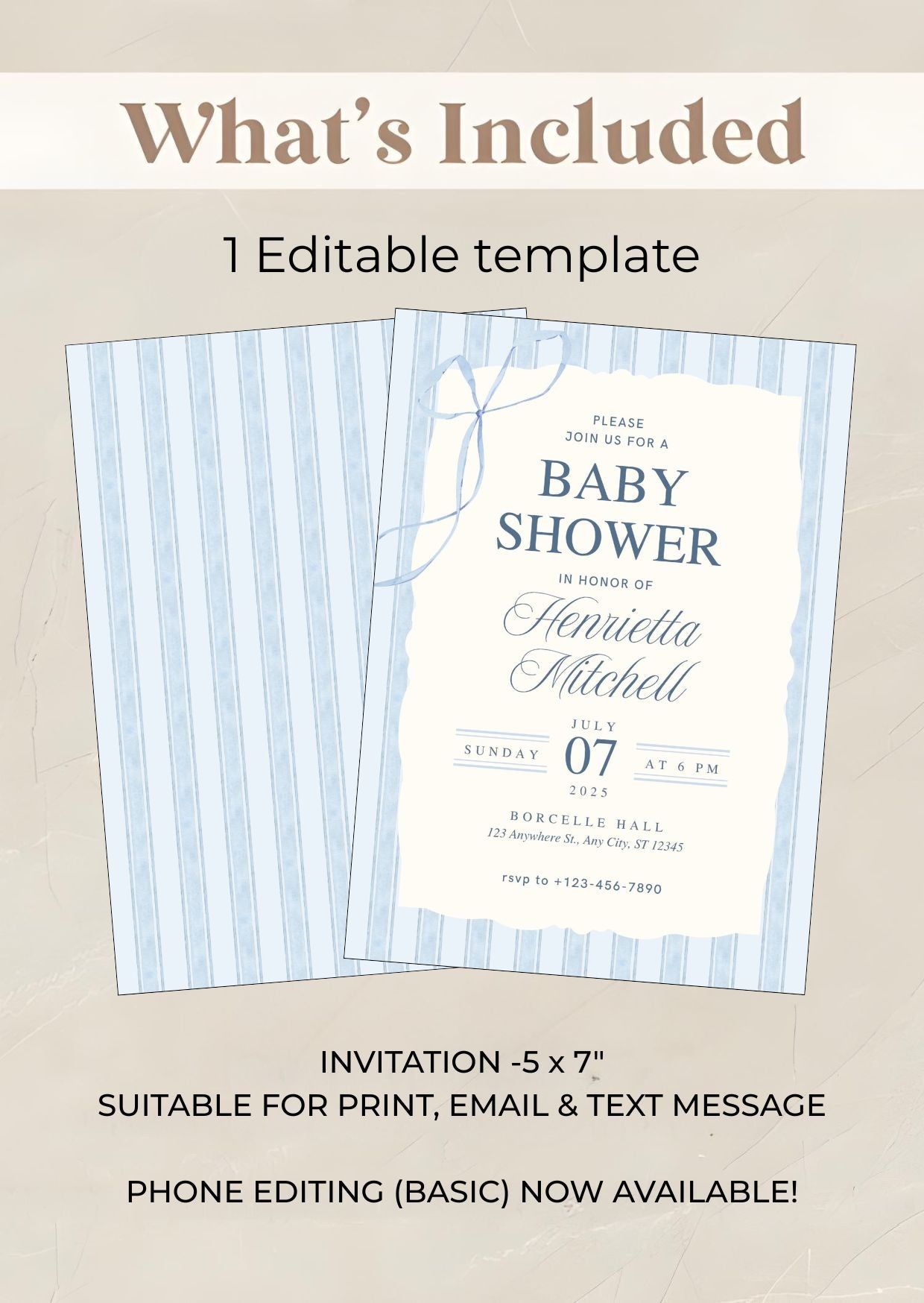 Blue Elegant Baby Shower Invitation | Classic Watercolor Boy Shower Template | Printable Digital Invite displayed in editable format