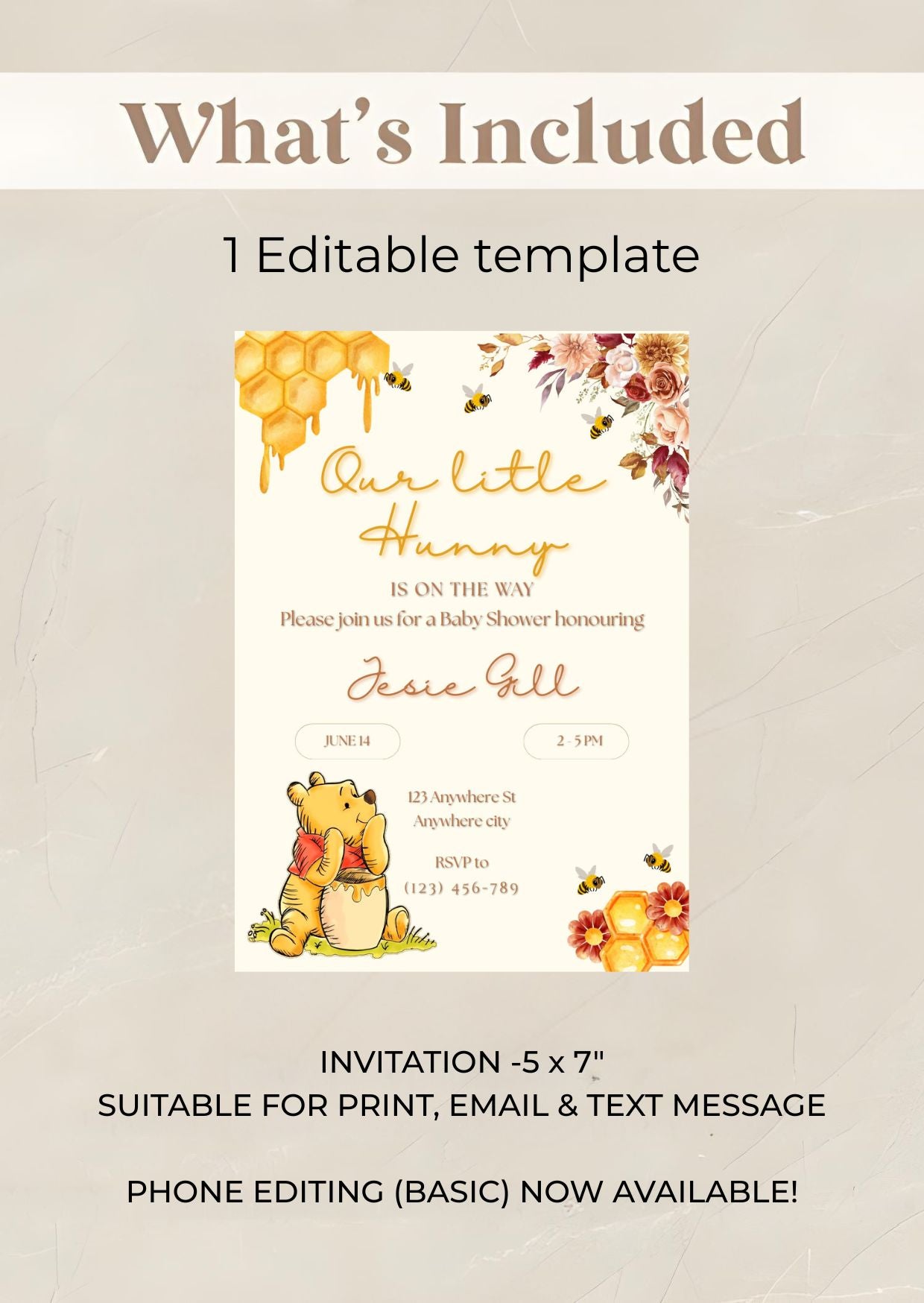 Winnie the Pooh Baby Shower Invitation – Gender Neutral Printable Hunny Invite, Editable Storybook Theme Template