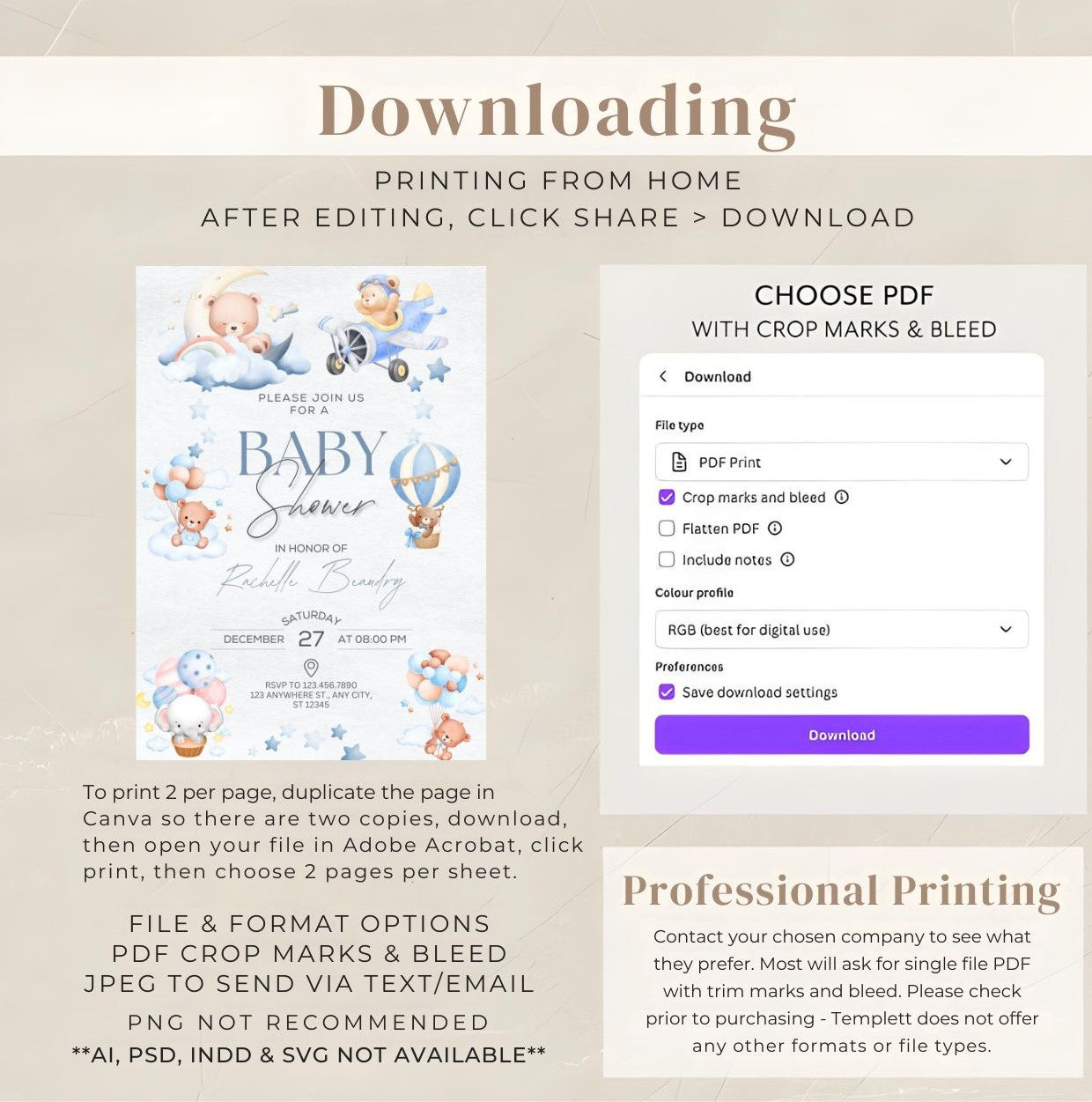 blue pumpkin baby shower invitation with instructions for home printing and downloading options