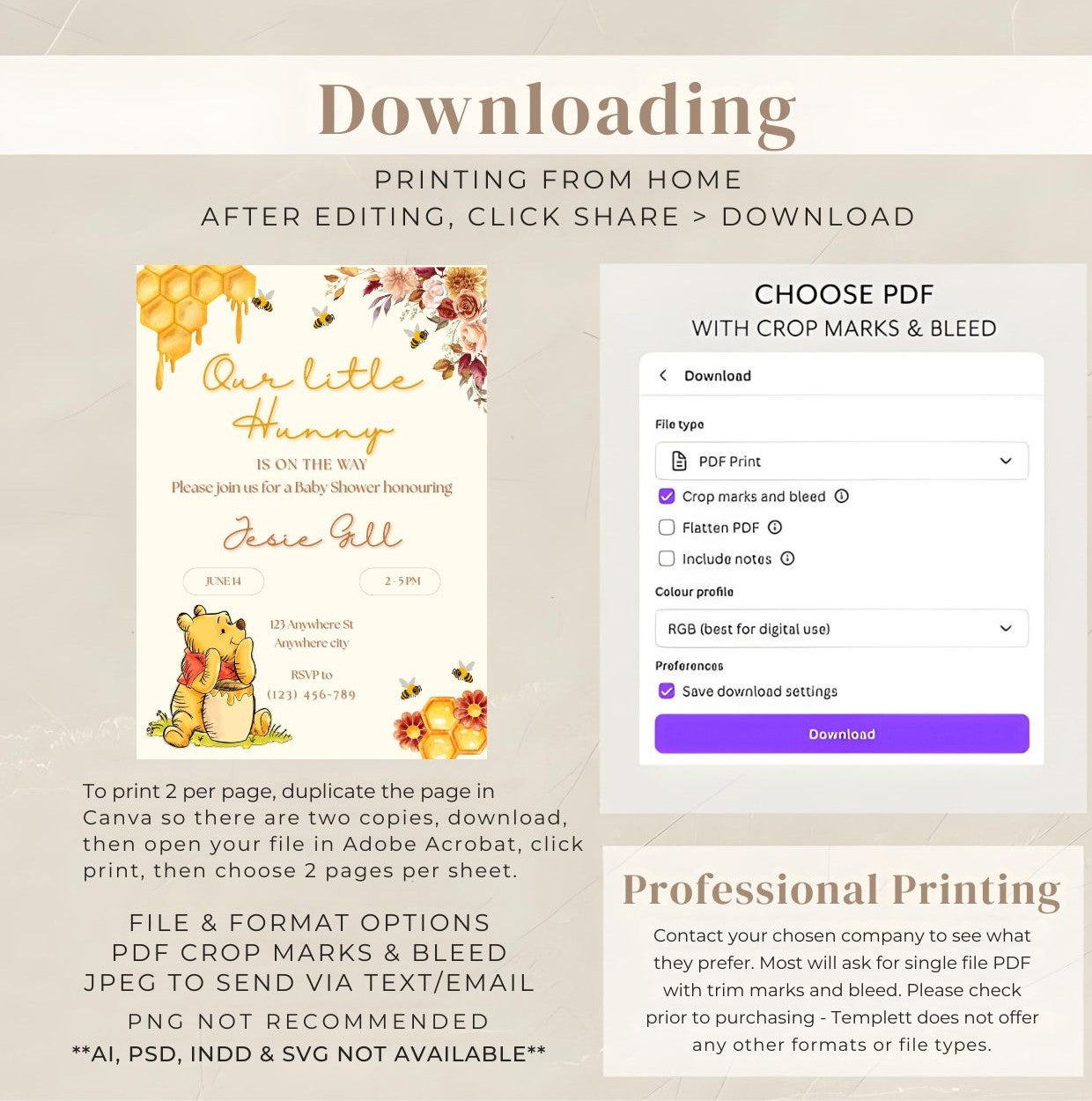 Winnie the Pooh baby shower invitation Canva template with download instructions.