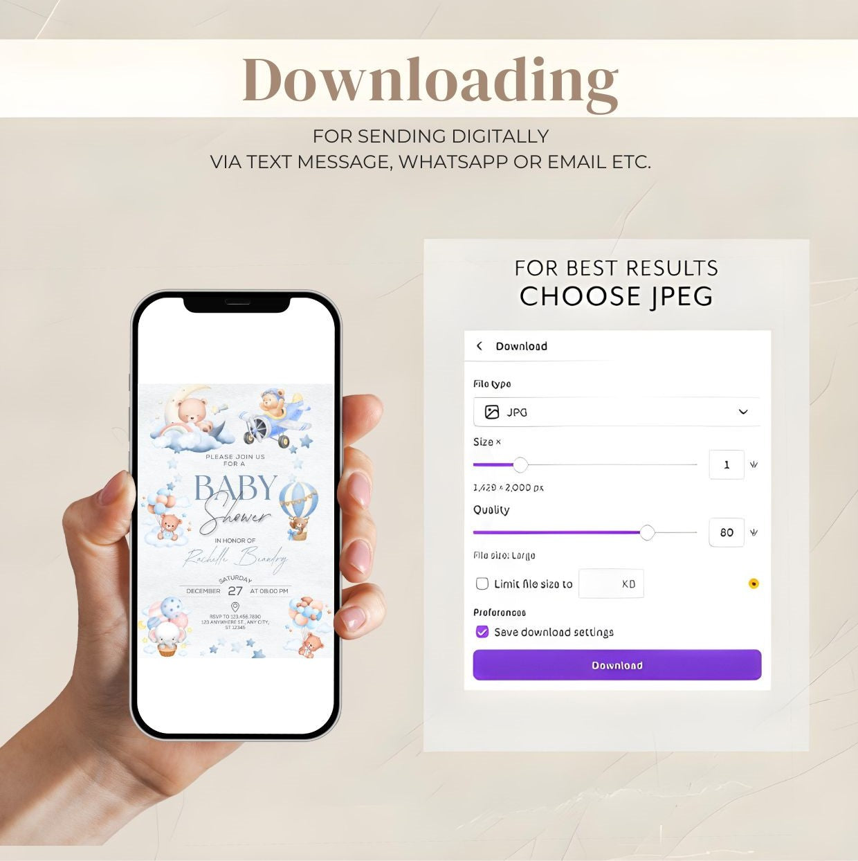 Digital options for downloading editable blue pumpkin baby shower invitation on smartphone screen.