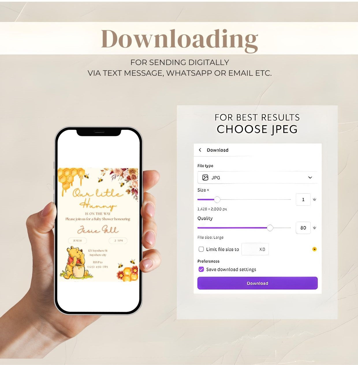 Digital download process for Winnie the Pooh baby shower invitation template shown on phone screen.