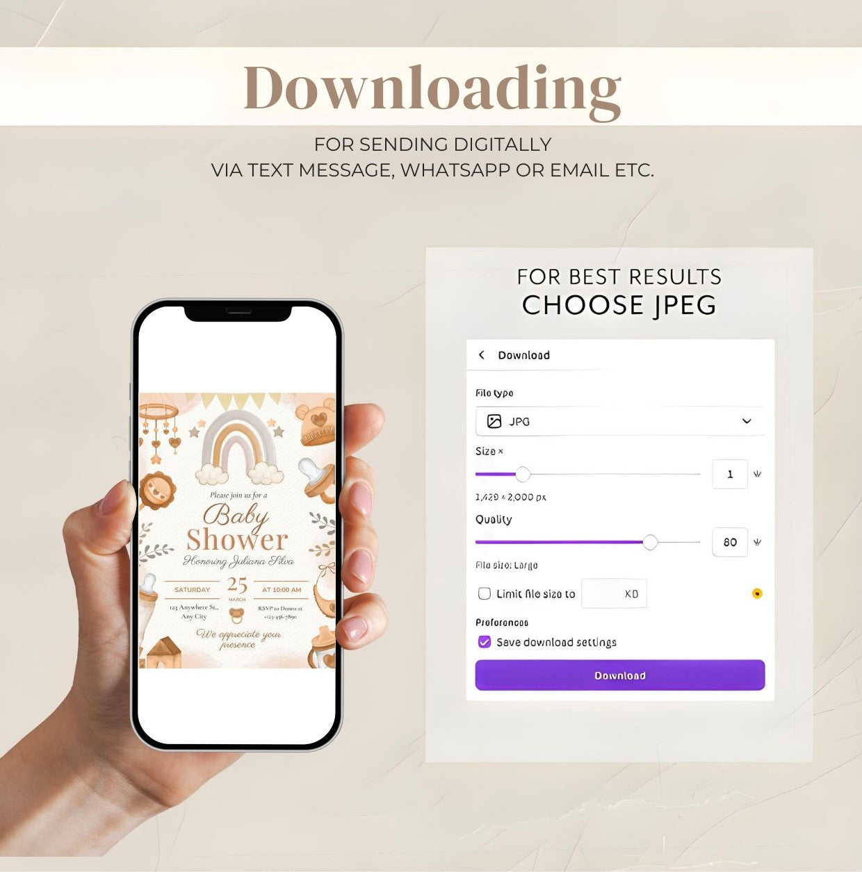 Neutral Rainbow Baby Shower Invitation displayed on smartphone with download instructions