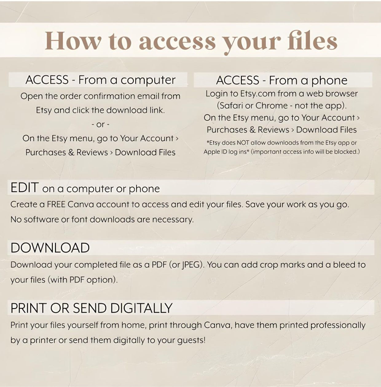 Instructions on how to download, edit, and print digital files from a computer or phone, displayed on a beige background.