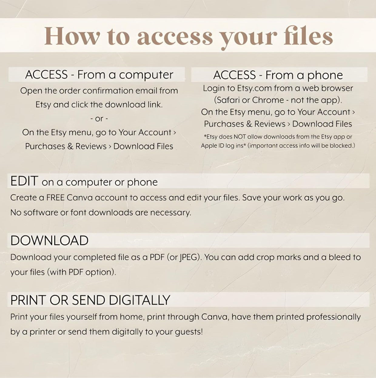 Instructions on accessing, editing, downloading, and printing digital files from Etsy for blue pumpkin baby shower invitation.
