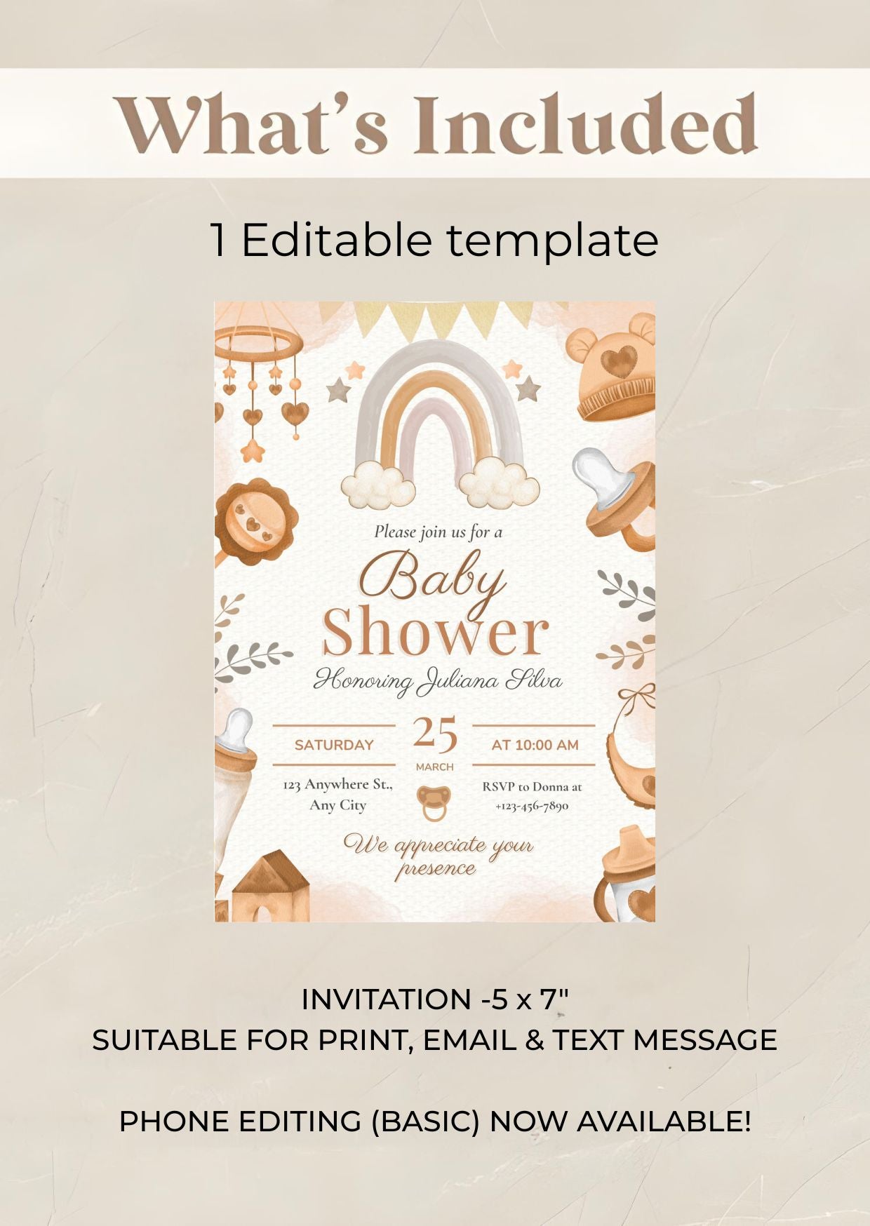 Neutral Rainbow Baby Shower Invitation | Brown Watercolor Baby Shower Invite | Gender Neutral Printable Template design