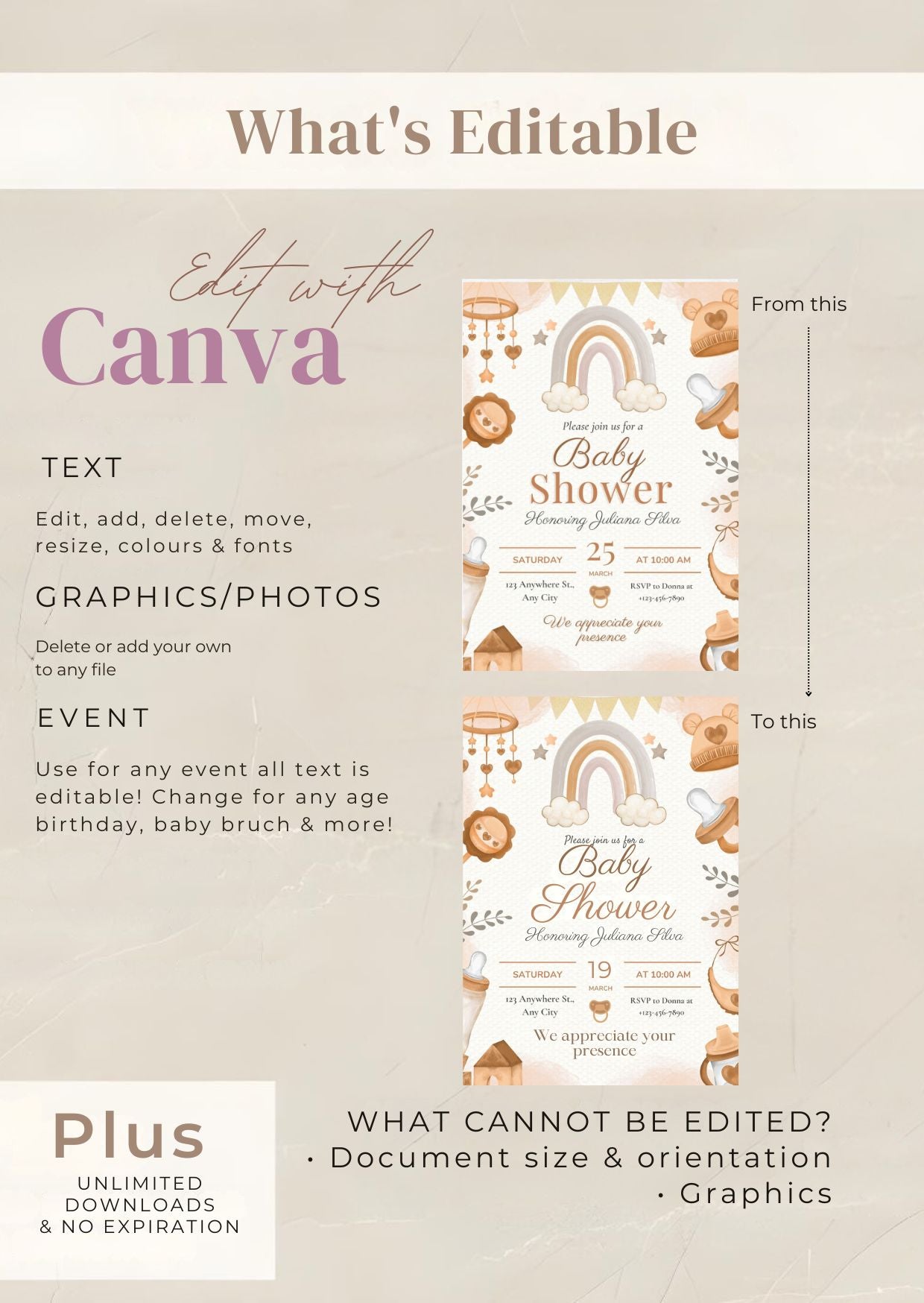Neutral Rainbow Baby Shower Invitation | Brown Watercolor Baby Shower Invite | Gender Neutral Printable Template displayed in Canva editor