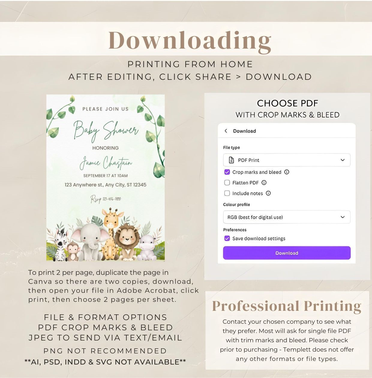 Safari Baby Shower Invitation | Jungle Animals Greenery Invite PDF download and printing options with adorable jungle animals.