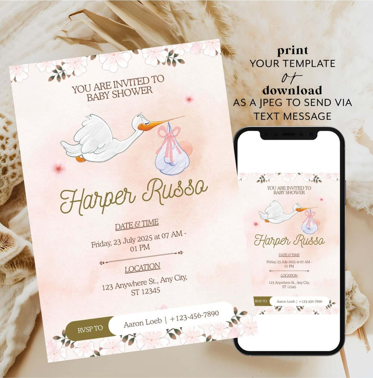 Stork Baby Shower Invitation | Editable Pink Watercolor Baby Shower Invite | Printable Digital Template with floral accents