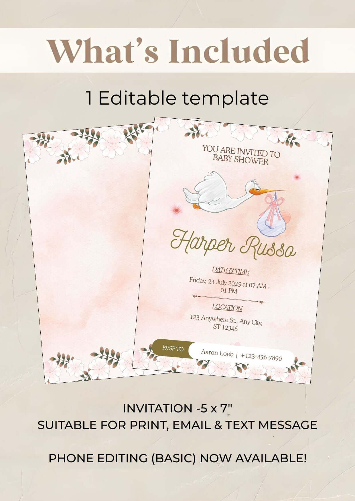Stork Baby Shower Invitation | Editable Pink Watercolor Baby Shower Invite | Printable Digital Template with floral accents.