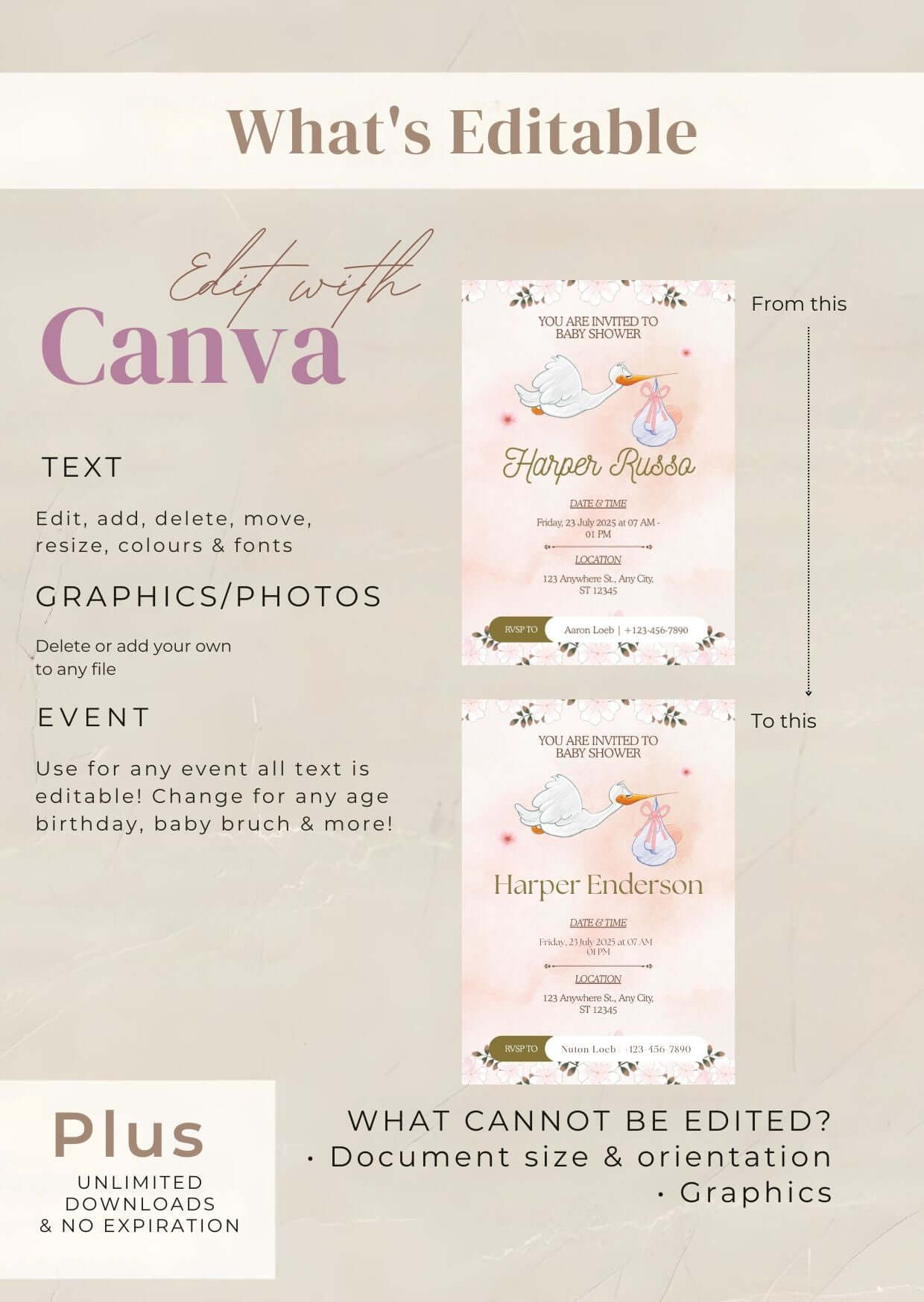 Editable Stork Baby Shower Invitation with pink watercolor, floral accents, and digital template for personalization.