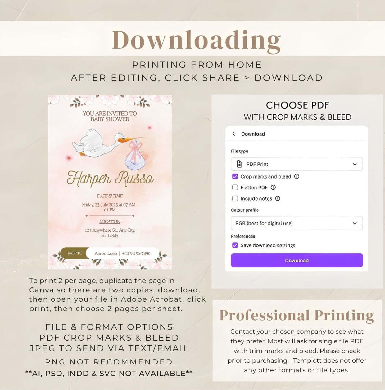 Stork Baby Shower Invitation | Editable Pink Watercolor Baby Shower Invite | Printable Digital Template download instructions