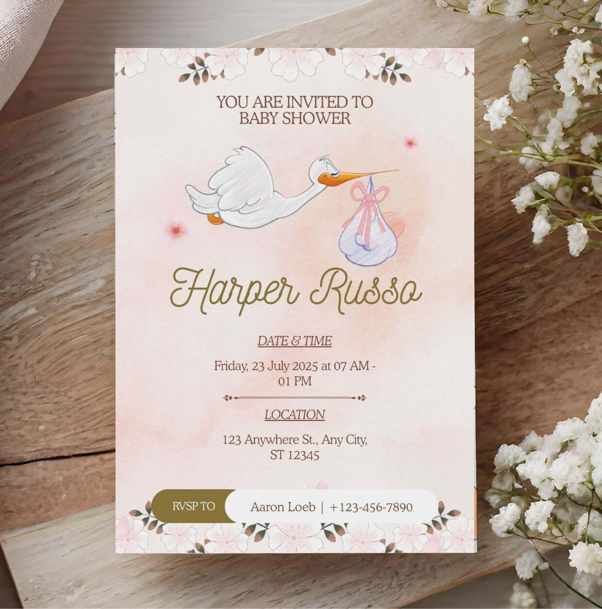 Stork Baby Shower Invitation | Editable Pink Watercolor Baby Shower Invite | Printable Digital Template with floral accents
