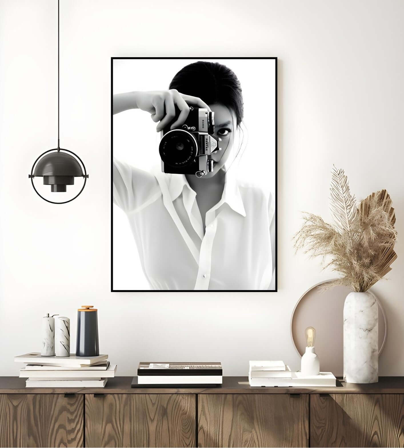 Black and White Photography Wall Art – Vintage Camera Minimalist Print displayed in modern interior setting
