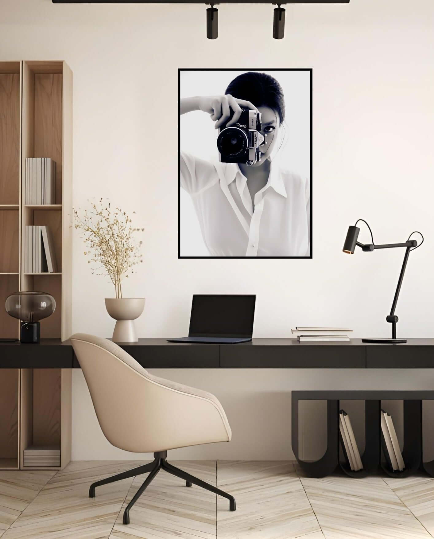 Black and White Photography Wall Art – Vintage Camera Minimalist Print hanging in modern office space.