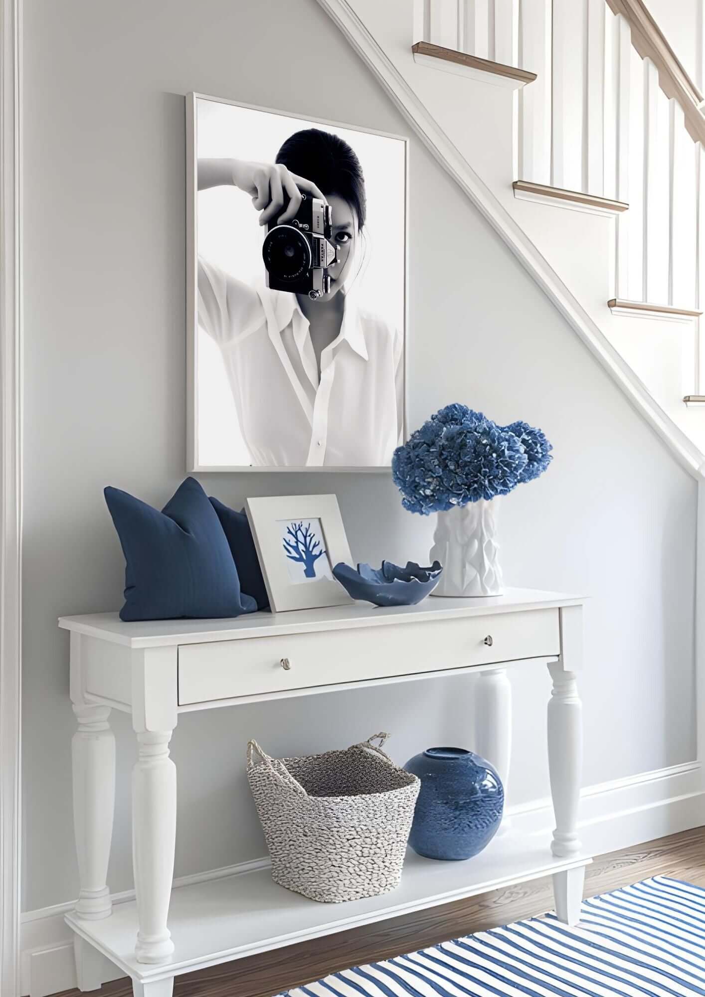 Black and White Photography Wall Art – Vintage Camera Minimalist Print in modern hallway decor with blue accents