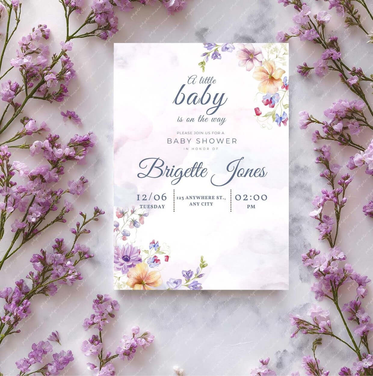 Watercolor Floral Baby Shower Invitation – Editable Digital Template with pastel flowers and elegant typography for a spring baby shower.
