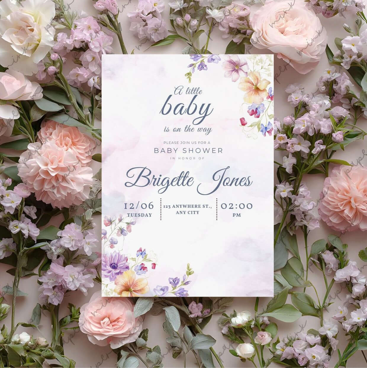 Watercolor Floral Baby Shower Invitation – Editable Digital Template with pastel flowers and elegant typography on floral background.