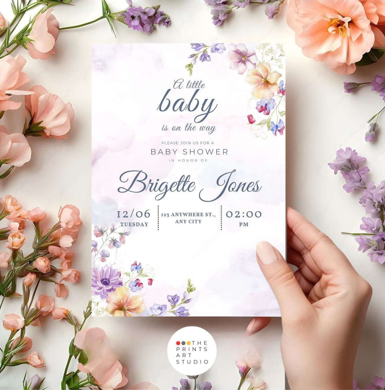 Watercolor Floral Baby Shower Invitation – Editable Digital Template featuring pastel flowers and elegant typography.