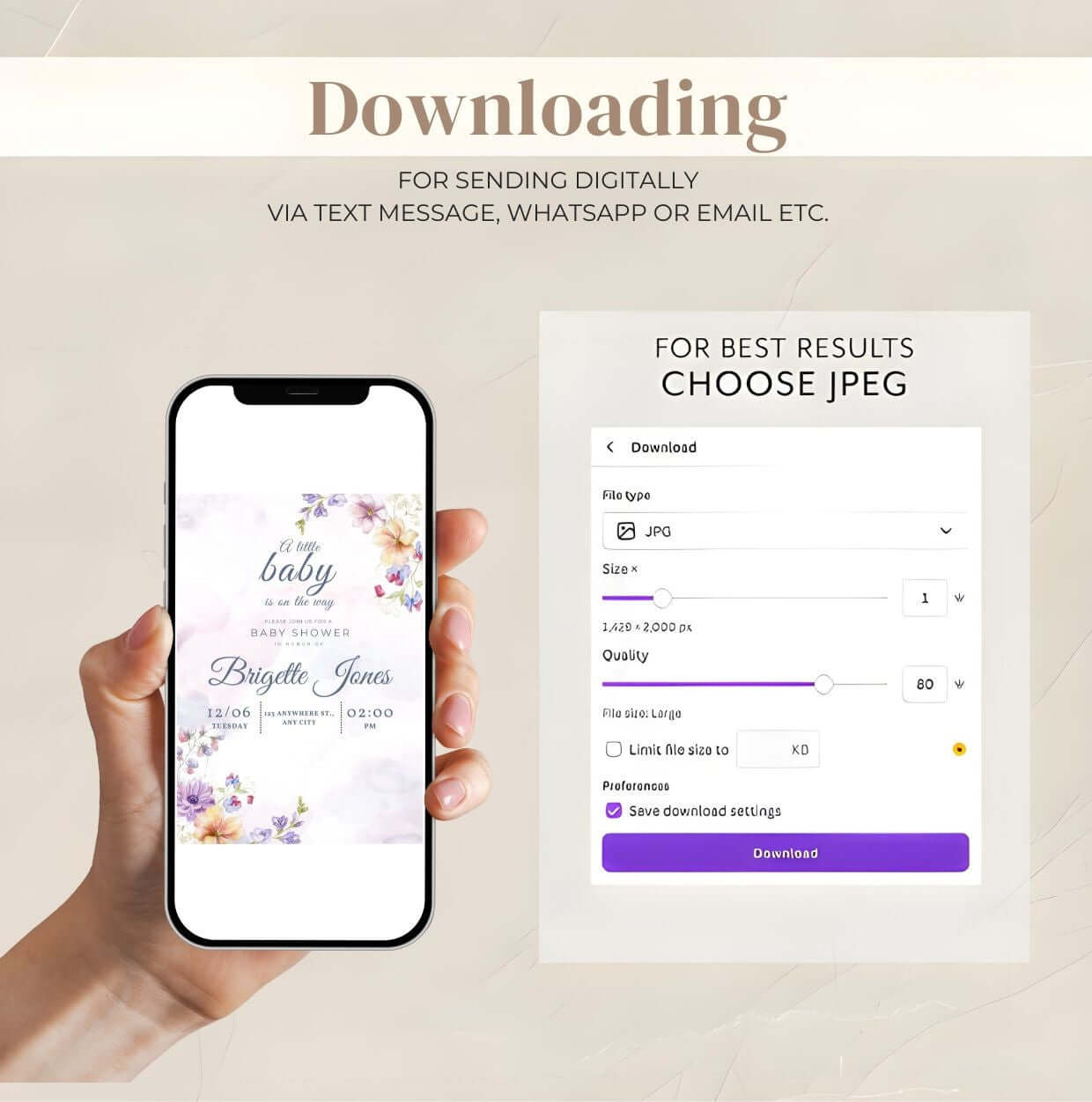 Watercolor Floral Baby Shower Invitation – Editable Digital Template displayed on a smartphone screen for digital download guidance.