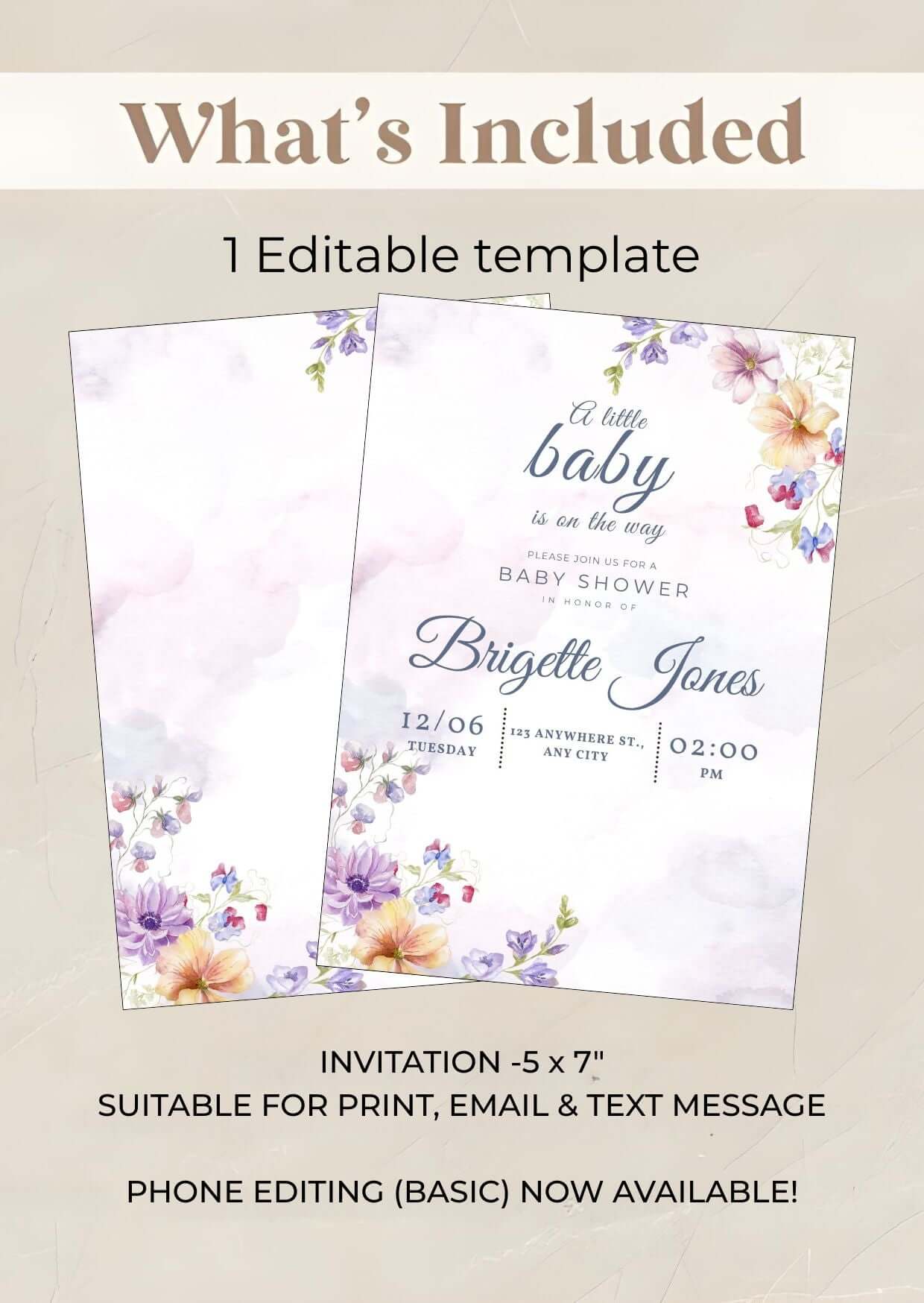 Watercolor Floral Baby Shower Invitation – Editable Digital Template with pastel flowers and elegant typography displayed in 5" x 7" size.