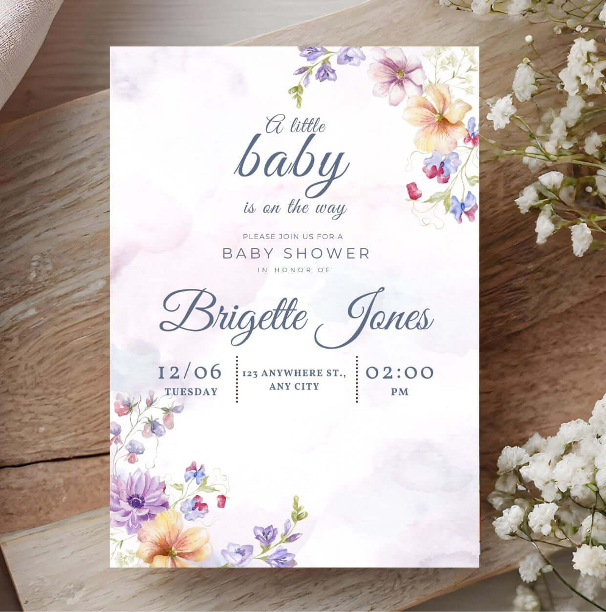 Watercolor Floral Baby Shower Invitation – Editable Digital Template with pastel flowers and elegant typography.