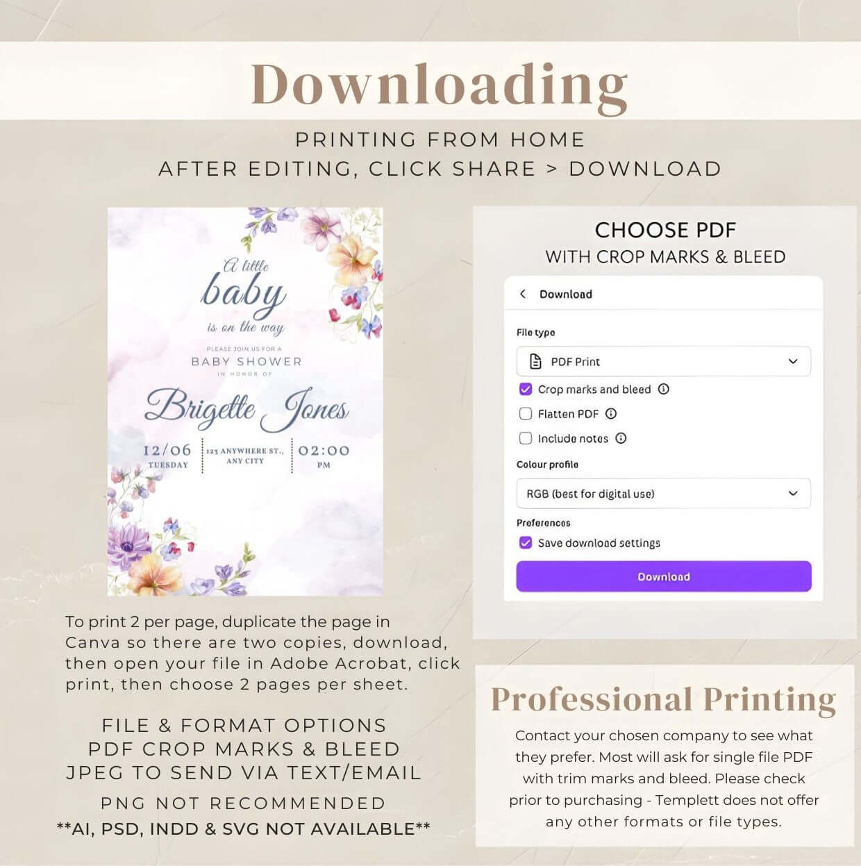 Watercolor Floral Baby Shower Invitation – Editable Digital Template download and printing options guide
