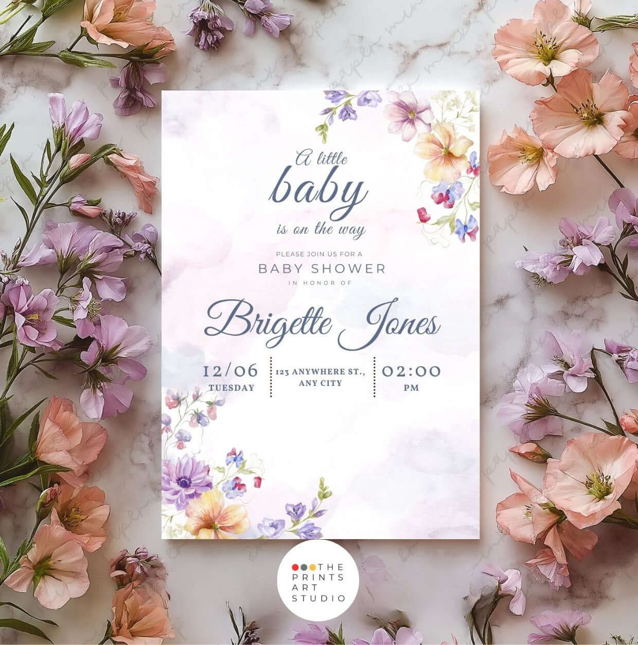 Watercolor Floral Baby Shower Invitation – Editable Digital Template with pastel flowers on marble background for elegant celebrations.