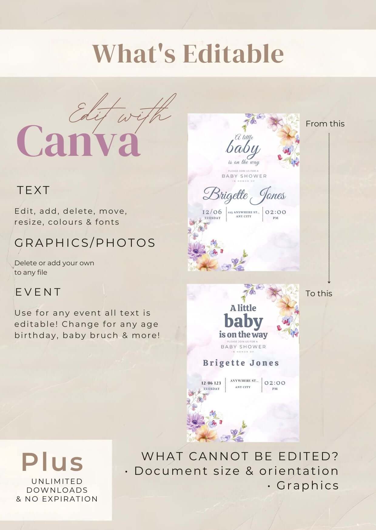 Watercolor Floral Baby Shower Invitation – Editable Digital Template customization options on Canva