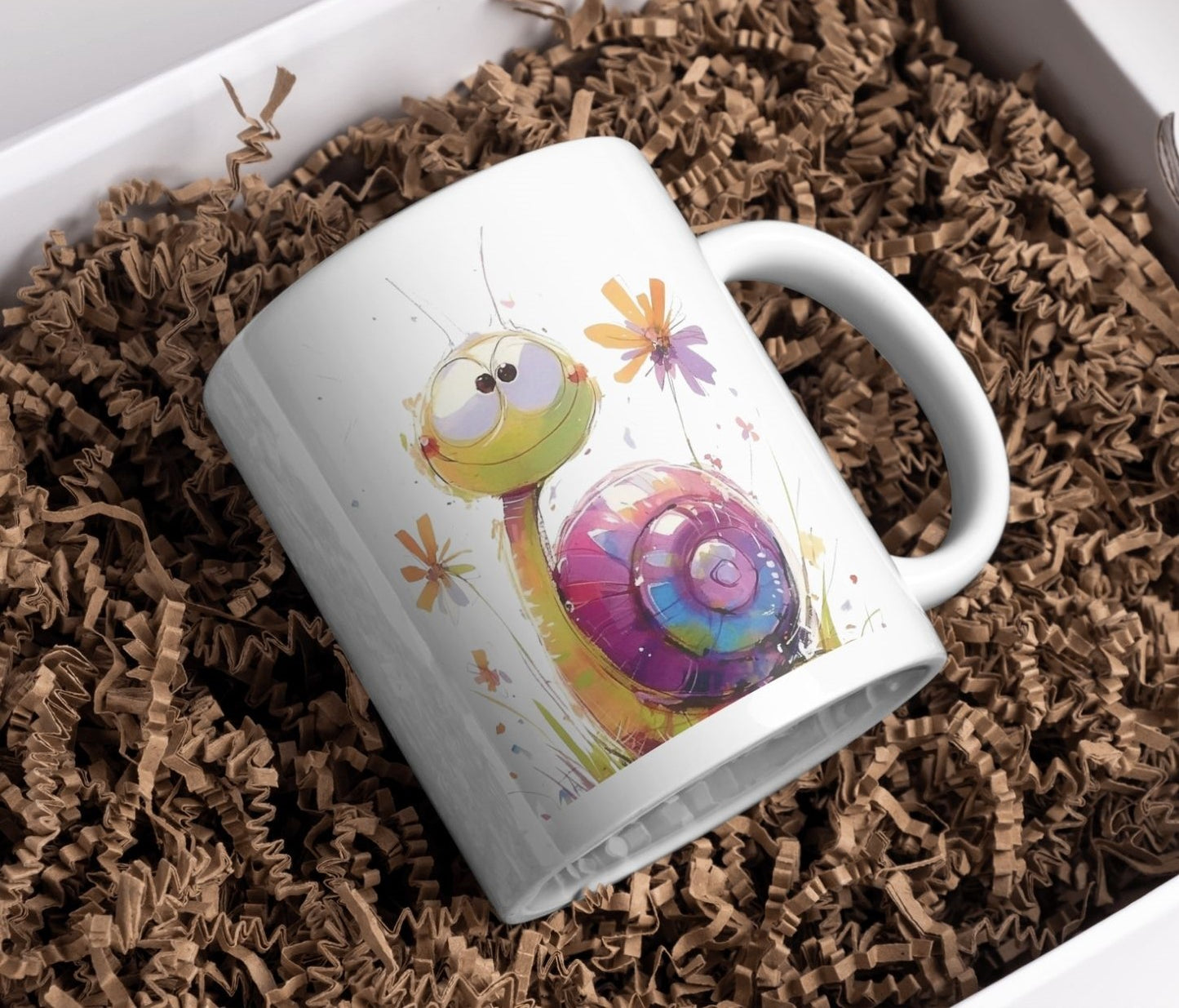 Cute Snail T-Shirt Design - Whimsical Colorful Snail Graphic on a mug, animal lover gift idea, fun nature-inspired vector art for products.