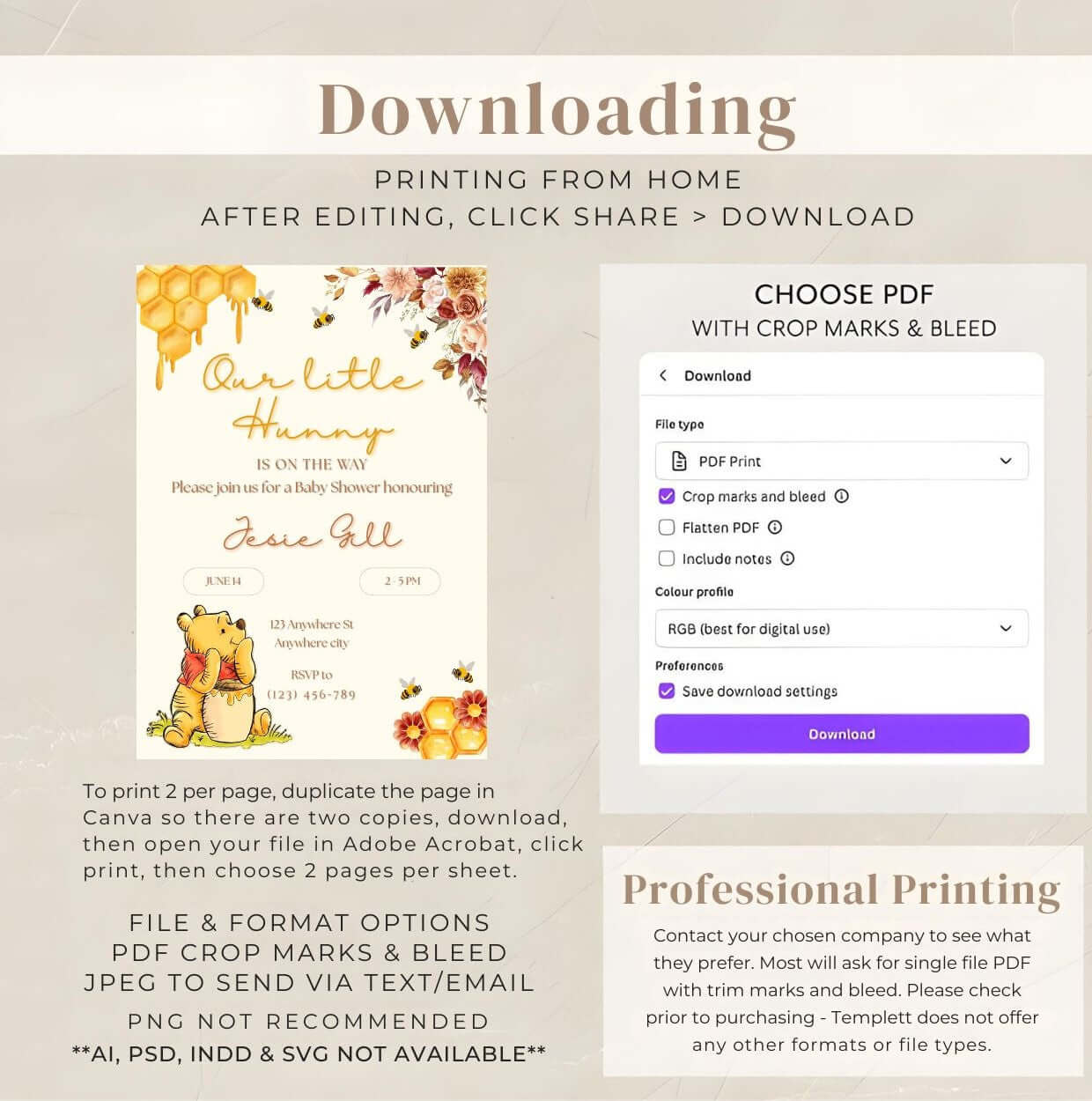 Winnie the Pooh baby shower invitation Canva template with download instructions.