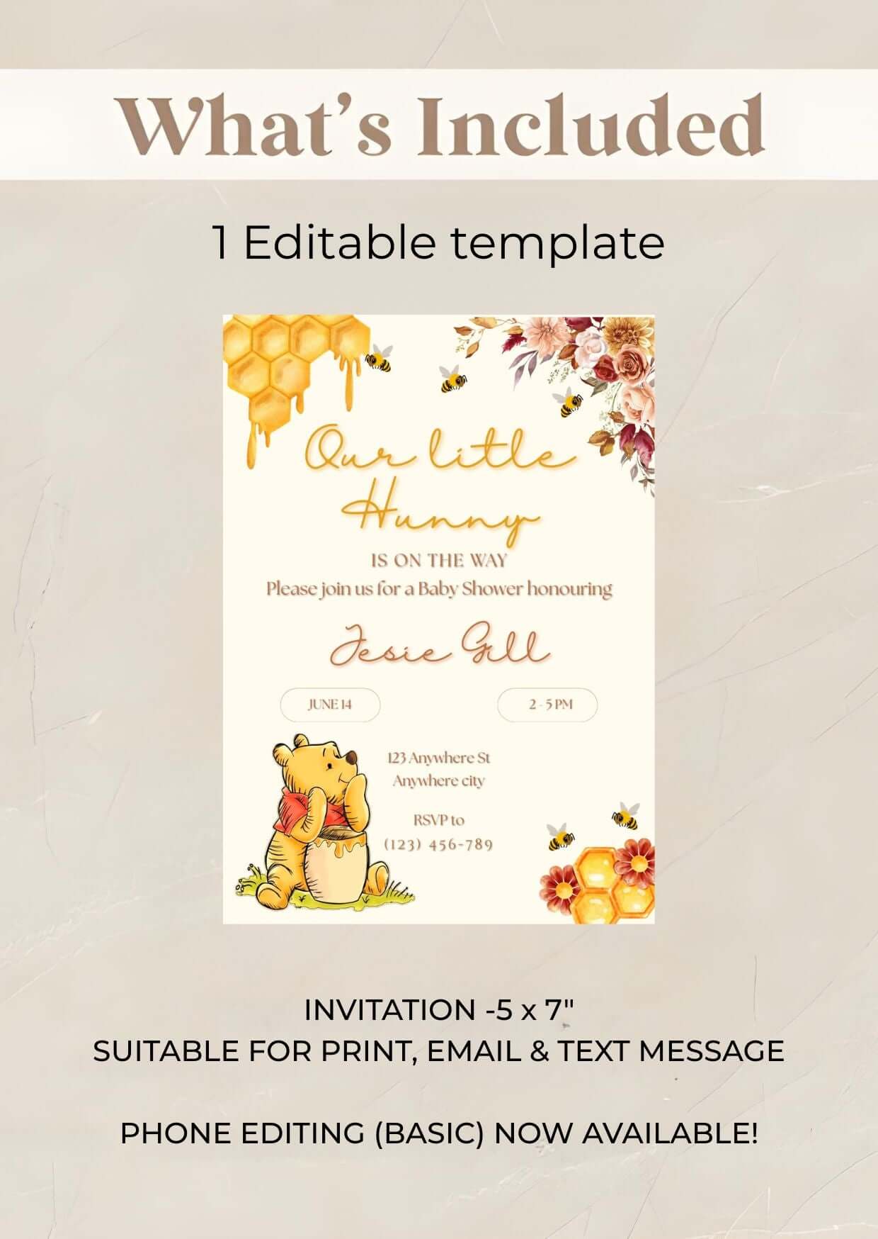 Winnie the Pooh Baby Shower Invitation – Gender Neutral Printable Hunny Invite, Editable Storybook Theme Template