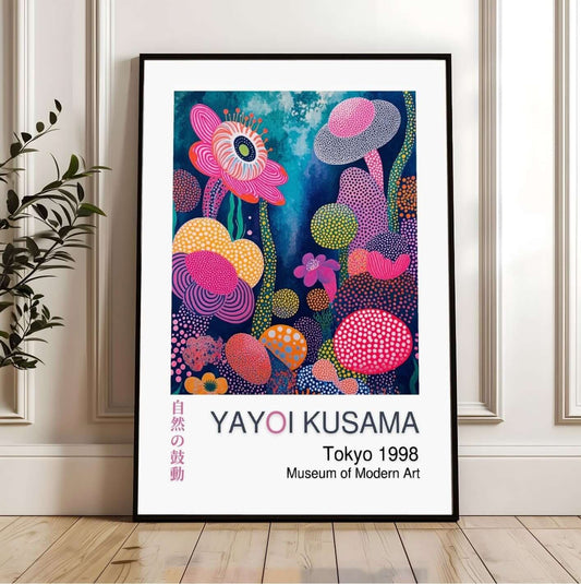 Yayoi Kusama digital art print with abstract floral patterns, showcasing vibrant colors and energy in a modern home setting.