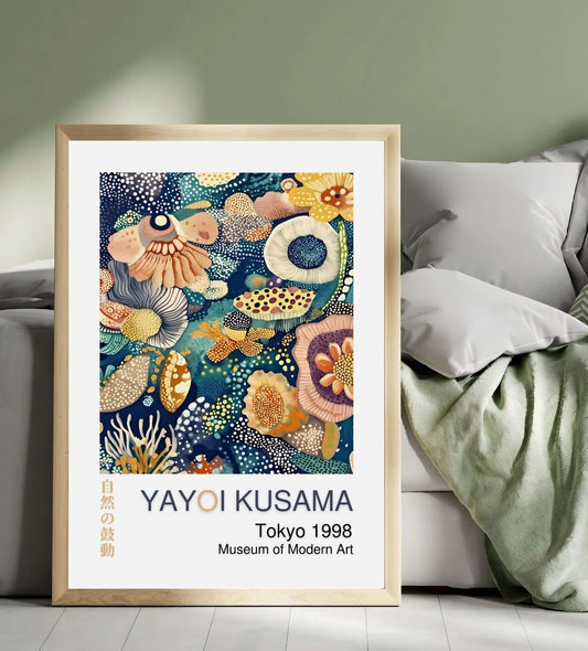 Yayoi Kusama abstract wall art poster Tokyo 1998 displayed in a modern room setting, showcasing vibrant colors and organic patterns.