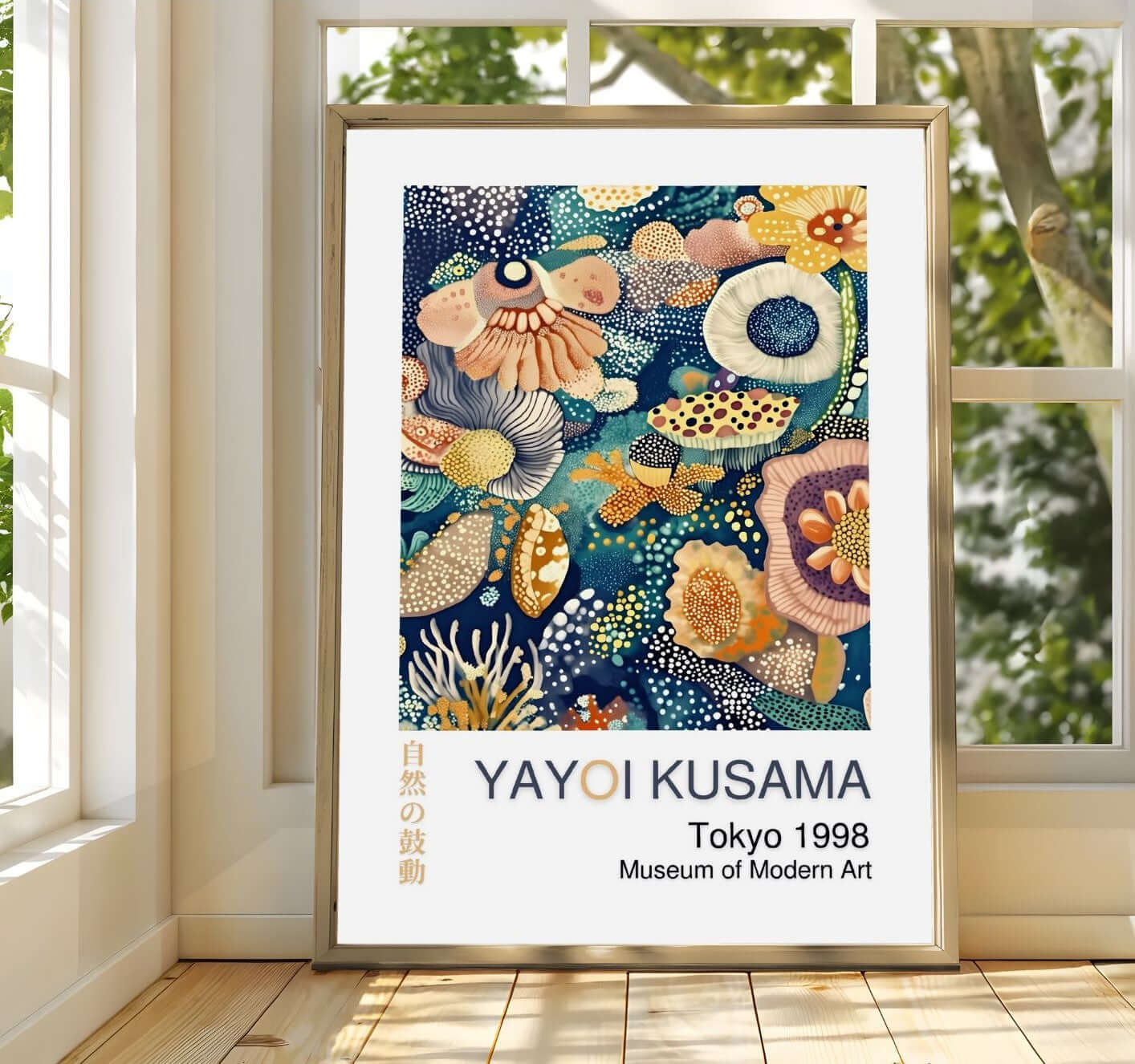 Framed Yayoi Kusama abstract wall art inspired poster, Tokyo 1998, with vibrant colors and patterns, displayed against a sunny window.