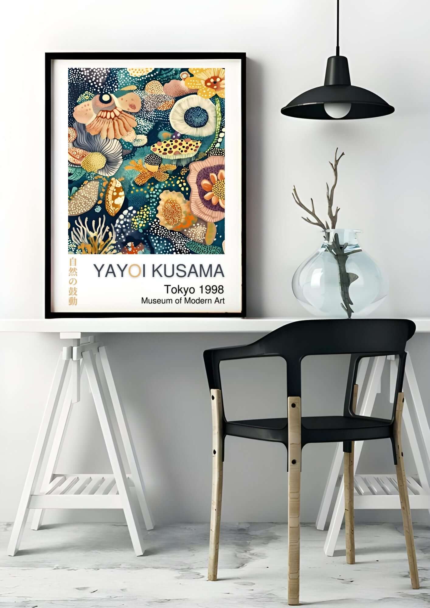 Yayoi Kusama abstract wall art digital poster in modern room setting, Tokyo 1998 theme, vibrant nature-inspired patterns and colors.