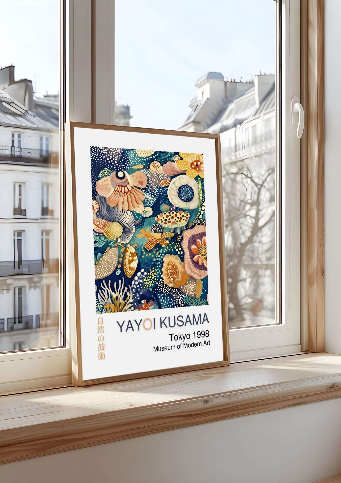Yayoi Kusama abstract wall art - vibrant digital poster inspired by nature, patterns, and tranquility displayed by a window in Tokyo 1998 theme.